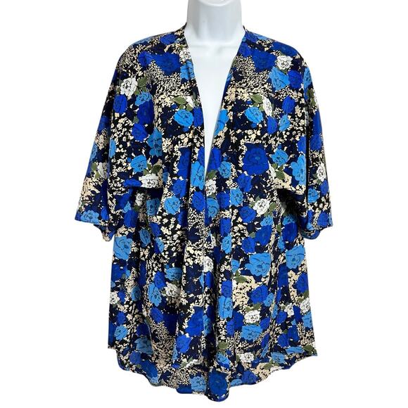 Lularoe Blue Floral Open Kimono Blouse Sz S Layering Top Long Fit Short Sleeve - Picture 1 of 5